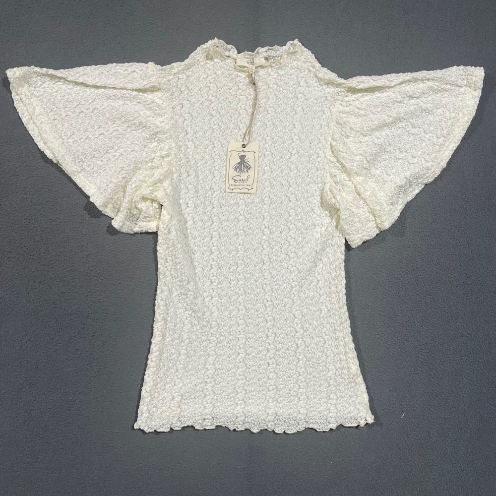 Easel Flutter Sleeve Top Womens Small Cream Popcorn Textured High Neck NWT Boho